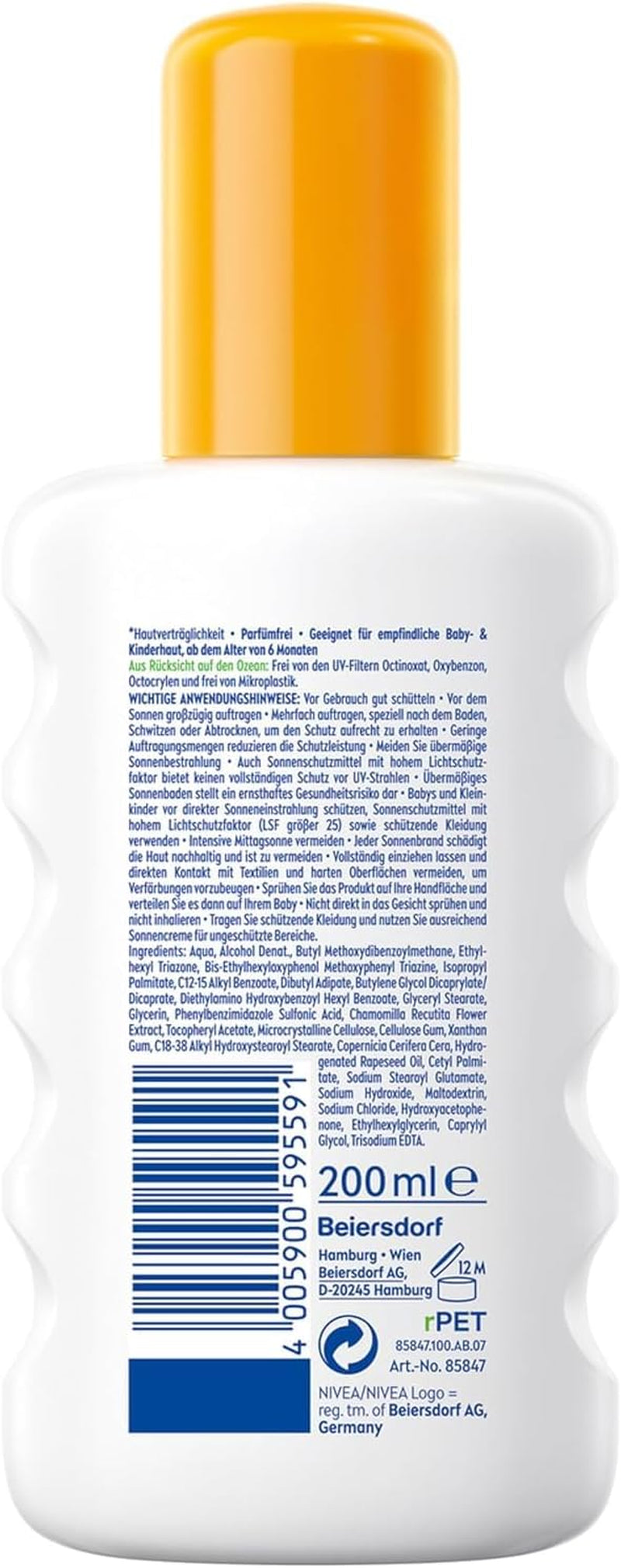 Nivea Sun Kids Sensitiv Spray Solar En Spray (1 X 200 Ml), Spray Con SPF 50+, Loción Solar Para Pieles Sensibles De Niños