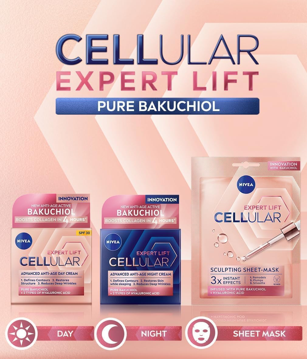 NIVEA Cellular Expert Lift - Mascarilla Facial De Tejido Antiedad - Con Ácido Hialurónico Y Bakuchiol Puro - Remodela Y Reduce La Arrugas - Piel Más Firme - Todo Tipo De Piel Y Madura - 1 Unidad