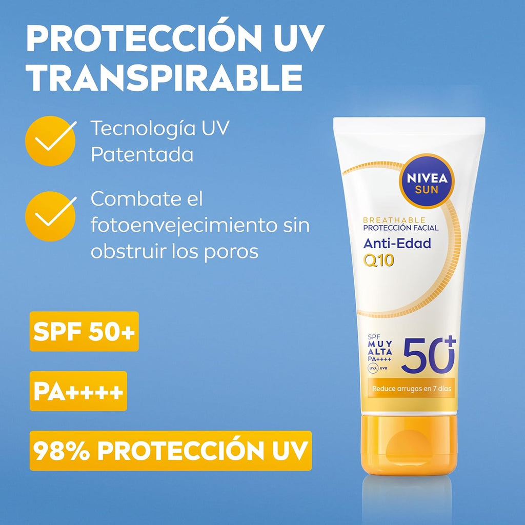 NIVEA SUN Q10 Protección Solar Facial Antiedad Transpirable SPF50+ 40 Ml