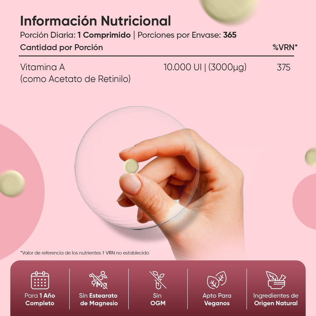 Vitamina a 10000 UI - 365 Comprimidos De Acetato De Retinol Vegano Y Sin OGM Para 1 Año - La Vitamina a Contribuye Al Mantenimiento Normal De La Vista (EFSA)