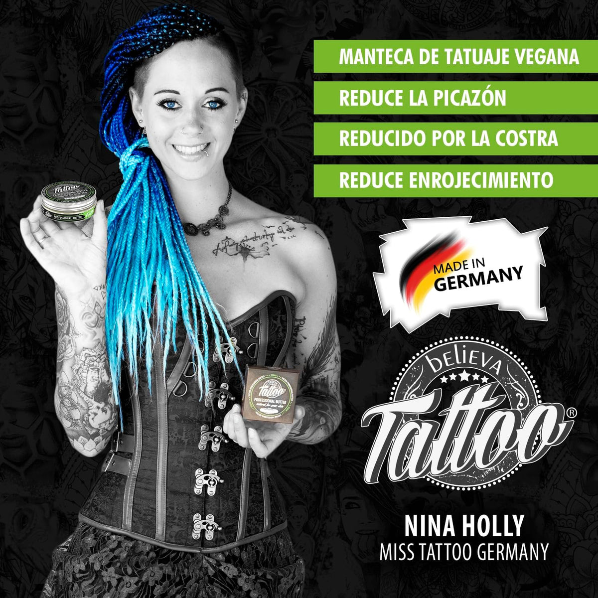 Believa Tattoo Butter – Cuidado Premium Para Tatuajes Con Fórmula Vegana E Ingredientes Naturales Para Colores De Tatuaje Vibrantes – Cuidado Diario Y Aftercare Para Piel Tatuada | 25 Ml