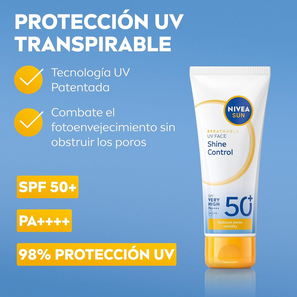 NIVEA SUN Control De Brillos Protección Facial FP50+ Transpirable - Matificante 12 H - Carnitina, Tapioca, Almidón De Arroz, Licocalcón a - Textura Ligera Y 0% Sensación Grasa - Piel Grasa - 40 Ml