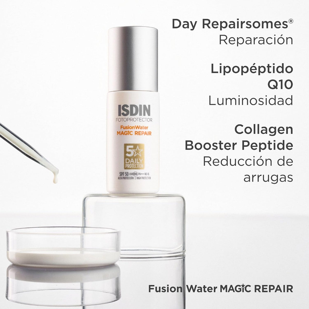 ISDIN Fusion Water MAGIC Repair SPF 50 Protector Solar Facial De Uso Diario Con Triple Acción Anti-Edad, Combate La Polución Y El Fotoenvejecimiento 50 Ml