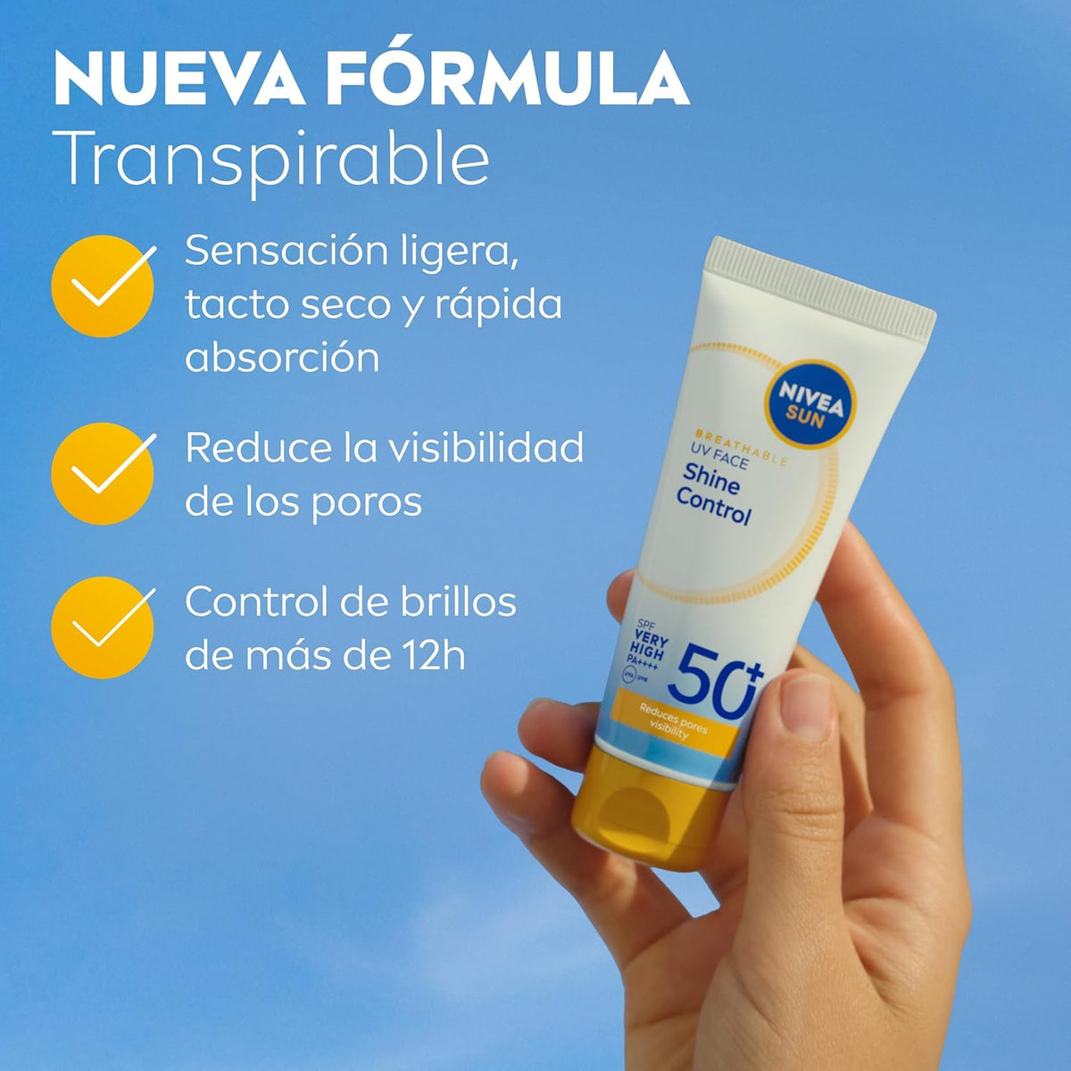 NIVEA SUN Control De Brillos Protección Facial FP50+ Transpirable - Matificante 12 H - Carnitina, Tapioca, Almidón De Arroz, Licocalcón a - Textura Ligera Y 0% Sensación Grasa - Piel Grasa - 40 Ml