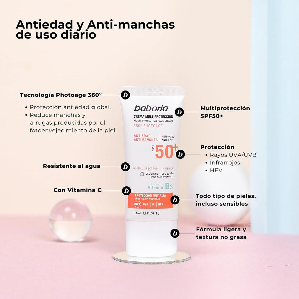Babaria Crema Facial Multi Protectora Antiedad Y Antimanchas Spf 50+, Fresco, 50 Ml
