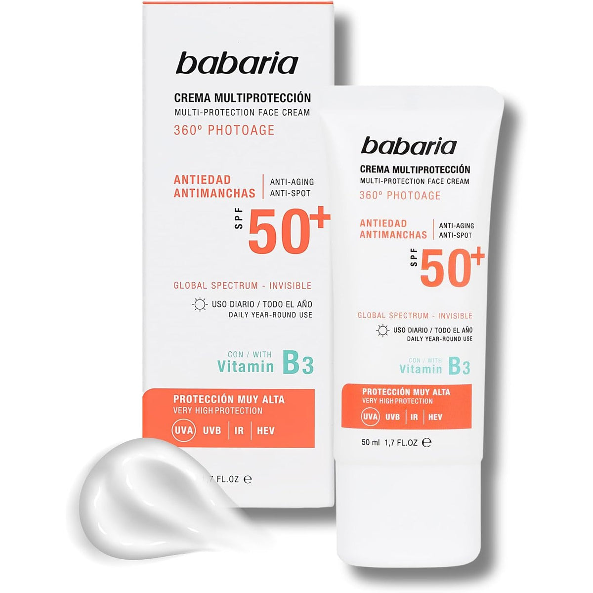 Babaria Crema Facial Multi Protectora Antiedad y Antimanchas SPF 50+, Fresco, 50ml
