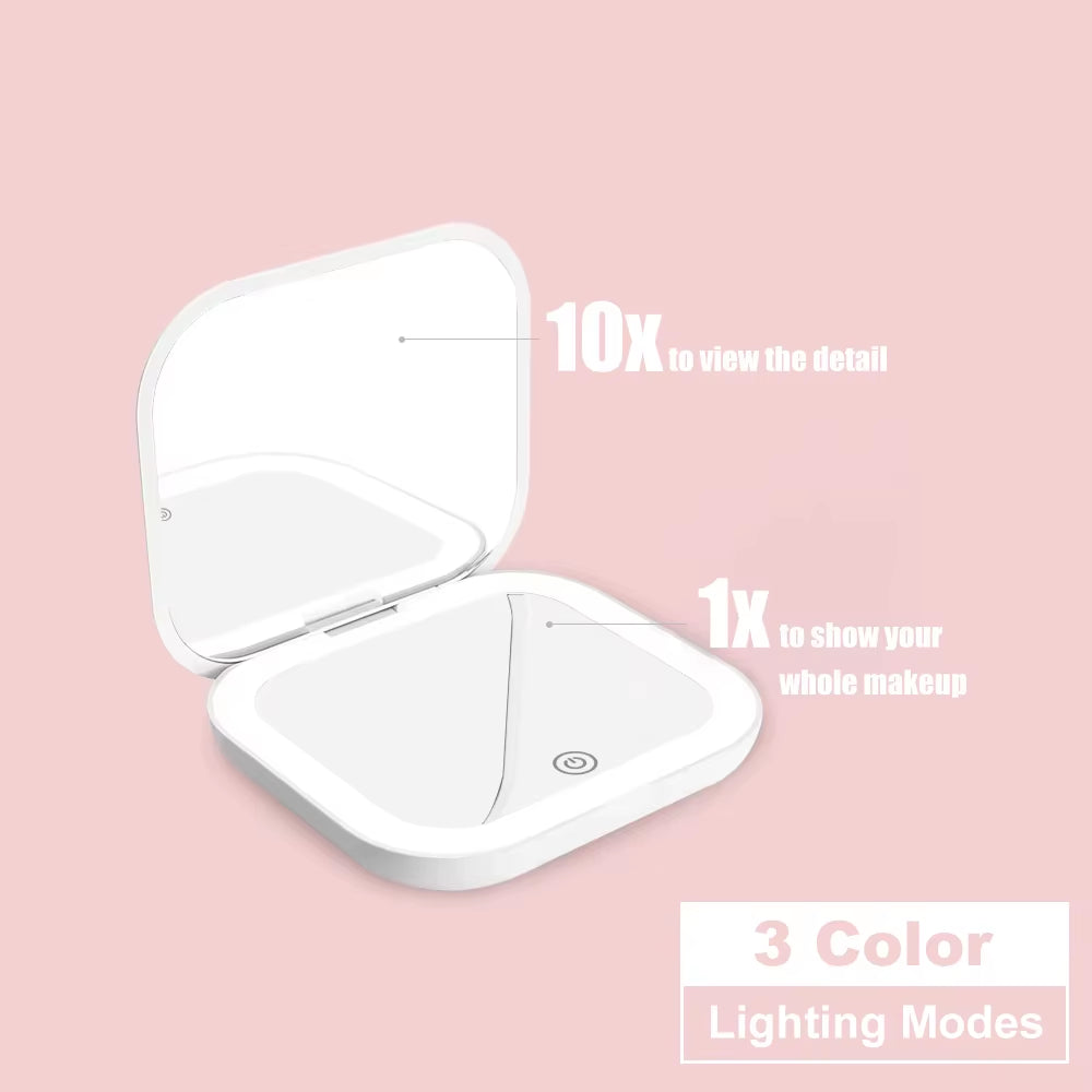 Compact Mirror with Lights, 1X/2X Magnification Portable Folding Handheld Small Pocket LED Travel Makeup Mirror for Gift, Purse