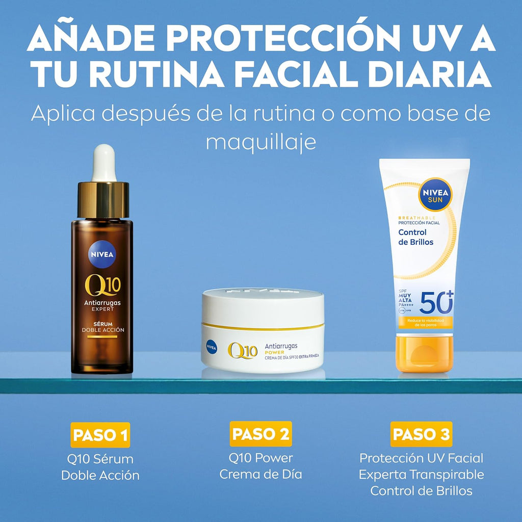 NIVEA SUN Control De Brillos Protección Facial FP50+ Transpirable - Matificante 12 H - Carnitina, Tapioca, Almidón De Arroz, Licocalcón a - Textura Ligera Y 0% Sensación Grasa - Piel Grasa - 40 Ml