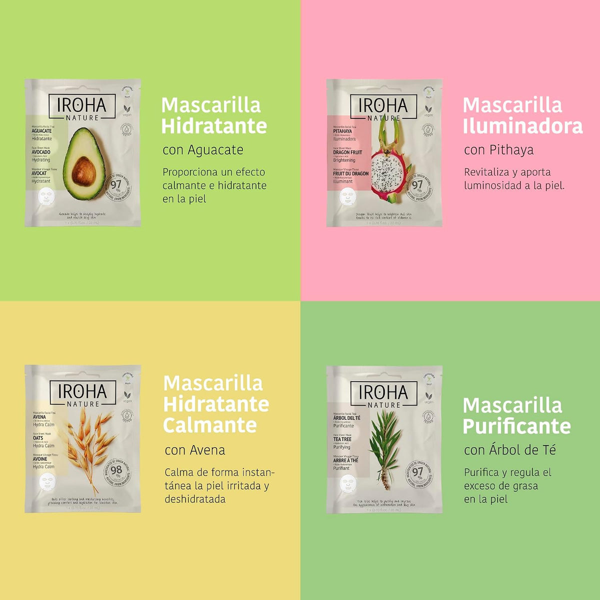 IROHA NATURE - Mascarilla Facial Aguacate Piel Todos Tipos | 6 Unidades