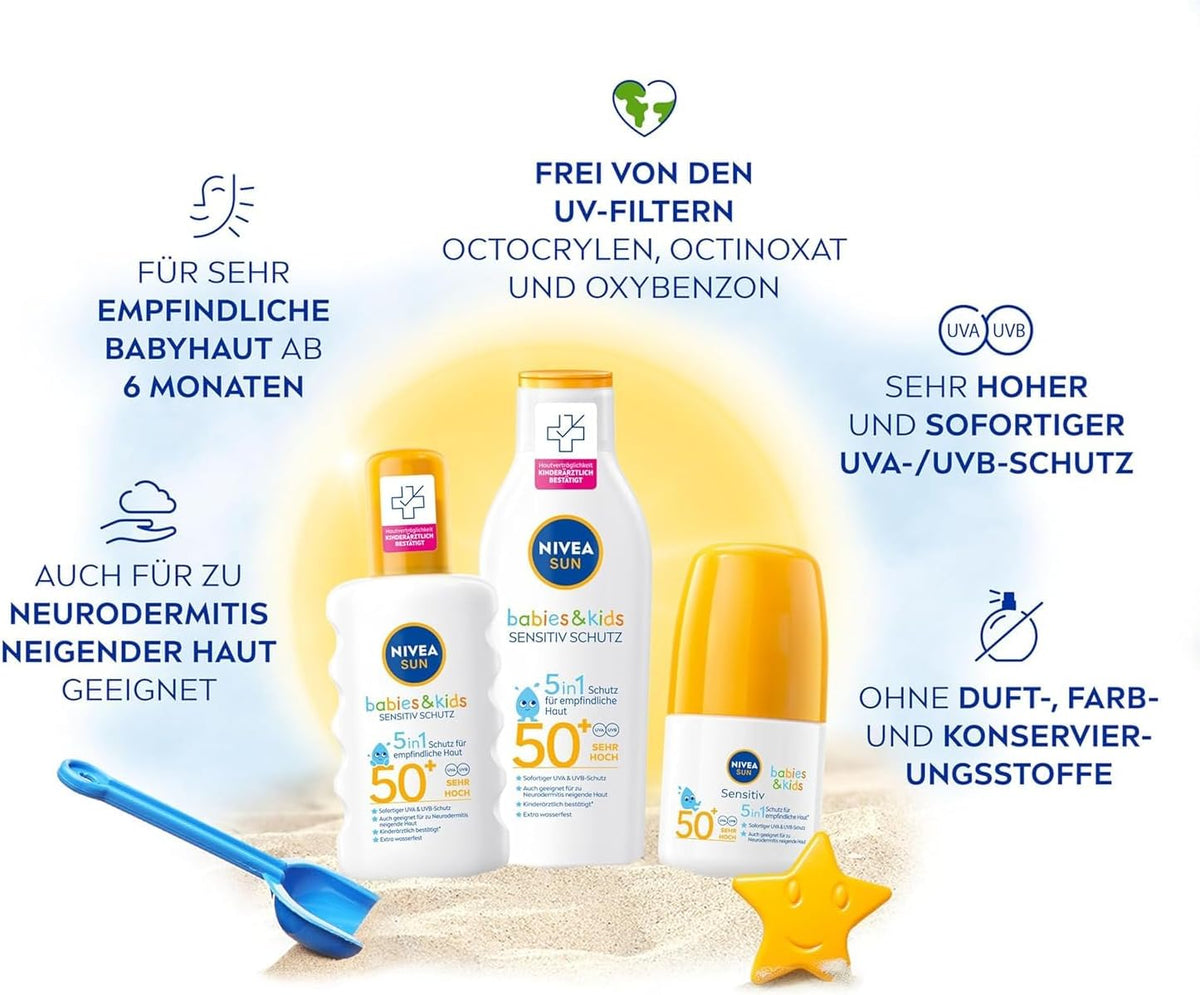 Nivea Sun Kids Sensitiv Spray Solar En Spray (1 X 200 Ml), Spray Con SPF 50+, Loción Solar Para Pieles Sensibles De Niños