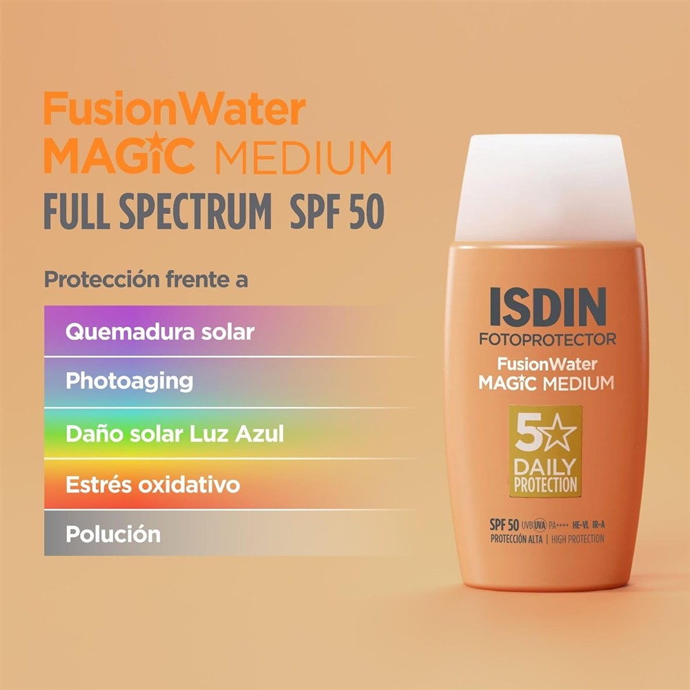ISDIN Fusion Water Magic Color SPF 50 - Protector solar facial con color, 50ml