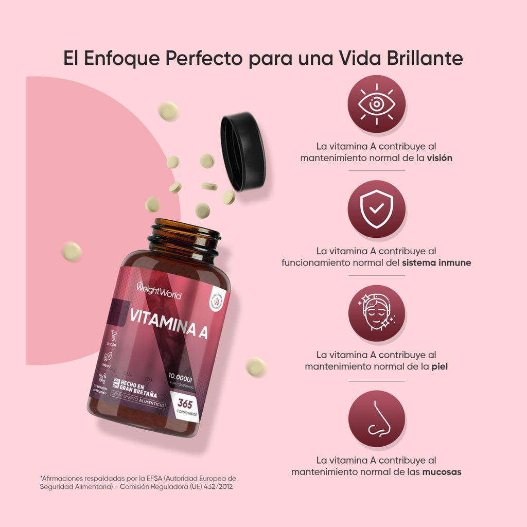 Vitamina a 10000 UI - 365 Comprimidos De Acetato De Retinol Vegano Y Sin OGM Para 1 Año